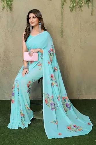 Yashika Women's Trendy Printed Georgette Color Saree with Blouse Material(Vinita Sky Blue) (Barsha-P Blue19)