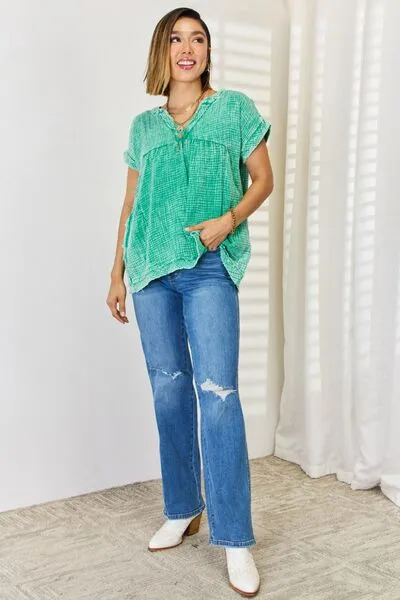 Zenana Washed Raw Hem Short Sleeve Blouse with Pockets